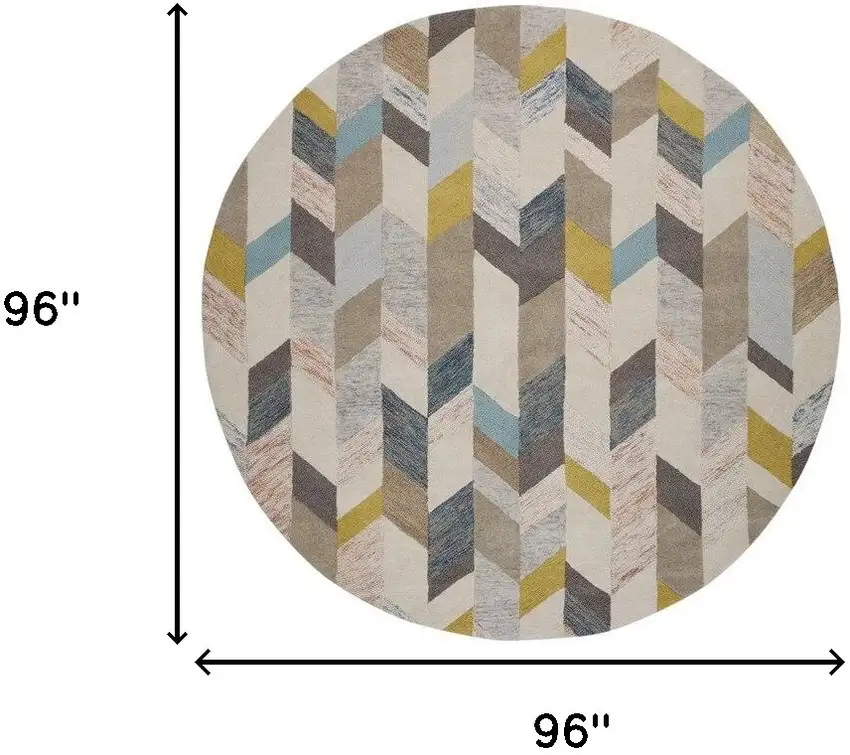 8' Ivory Taupe And Blue Round Wool Geometric Tufted Handmade Area Rug Photo 3
