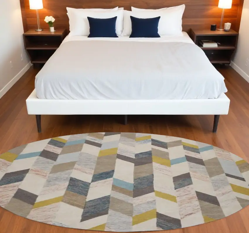 8' Ivory Taupe And Blue Round Wool Geometric Tufted Handmade Area Rug Photo 1