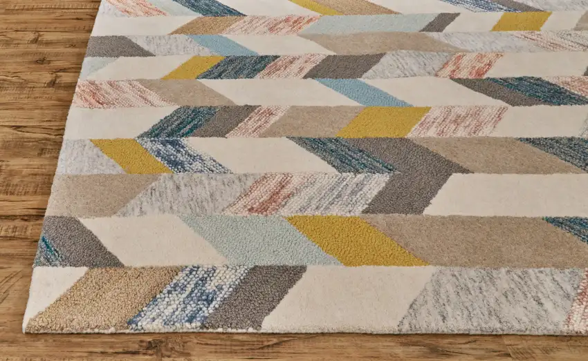 8' Ivory Taupe And Blue Round Wool Geometric Tufted Handmade Area Rug Photo 4