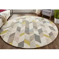 Photo of 8' Ivory Taupe And Blue Round Wool Geometric Tufted Handmade Area Rug