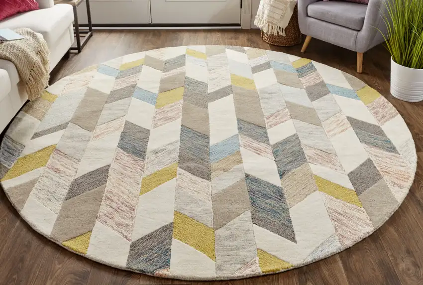 8' Ivory Taupe And Blue Round Wool Geometric Tufted Handmade Area Rug Photo 1