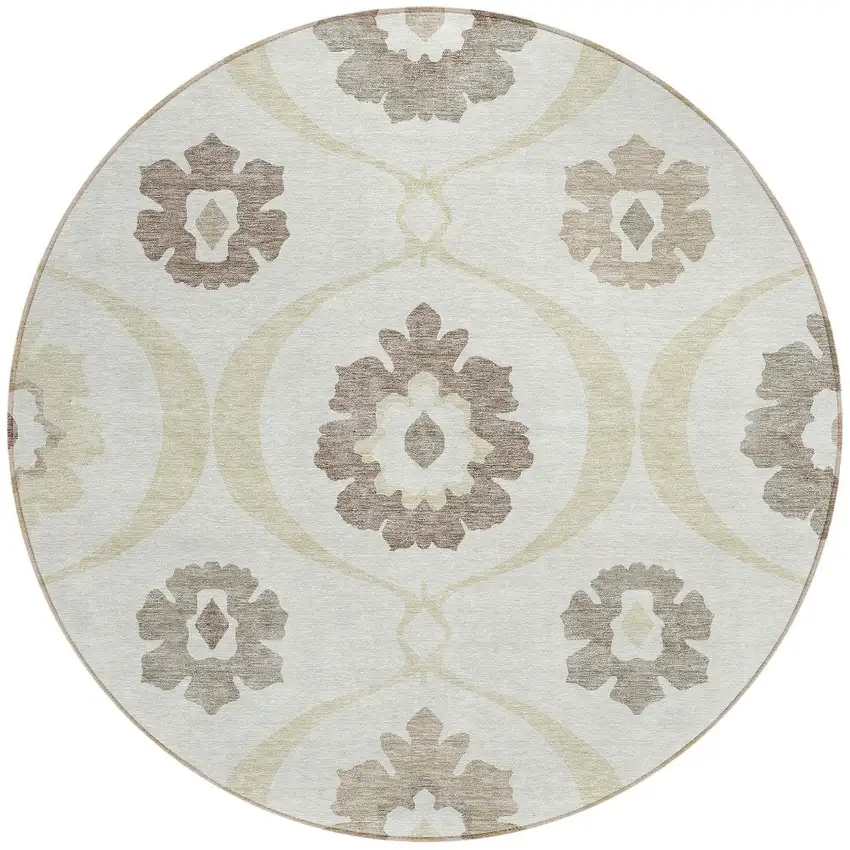 8' Ivory Taupe And Brown Round Medallion Washable Indoor Outdoor Area Rug Photo 8