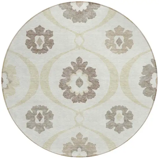 8' Ivory Taupe And Brown Round Medallion Washable Indoor Outdoor Area Rug Photo 8