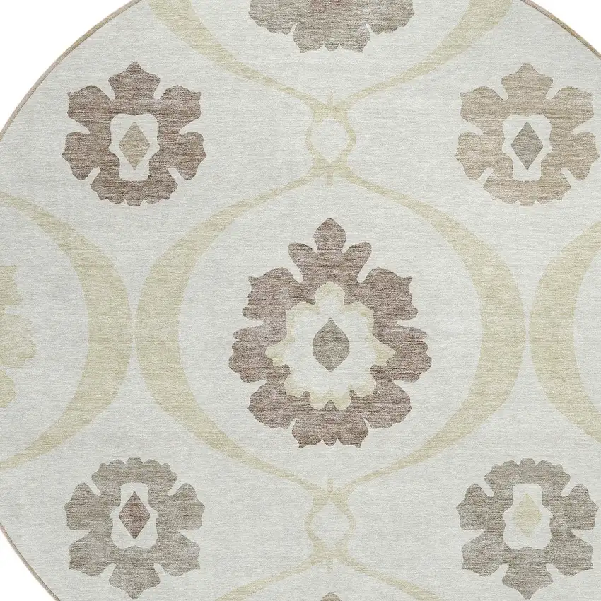 8' Ivory Taupe And Brown Round Medallion Washable Indoor Outdoor Area Rug Photo 6