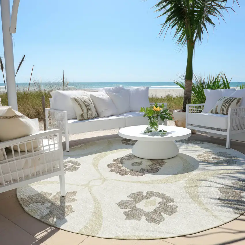 8' Ivory Taupe And Brown Round Medallion Washable Indoor Outdoor Area Rug Photo 9