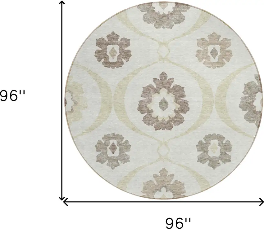 8' Ivory Taupe And Brown Round Medallion Washable Indoor Outdoor Area Rug Photo 3