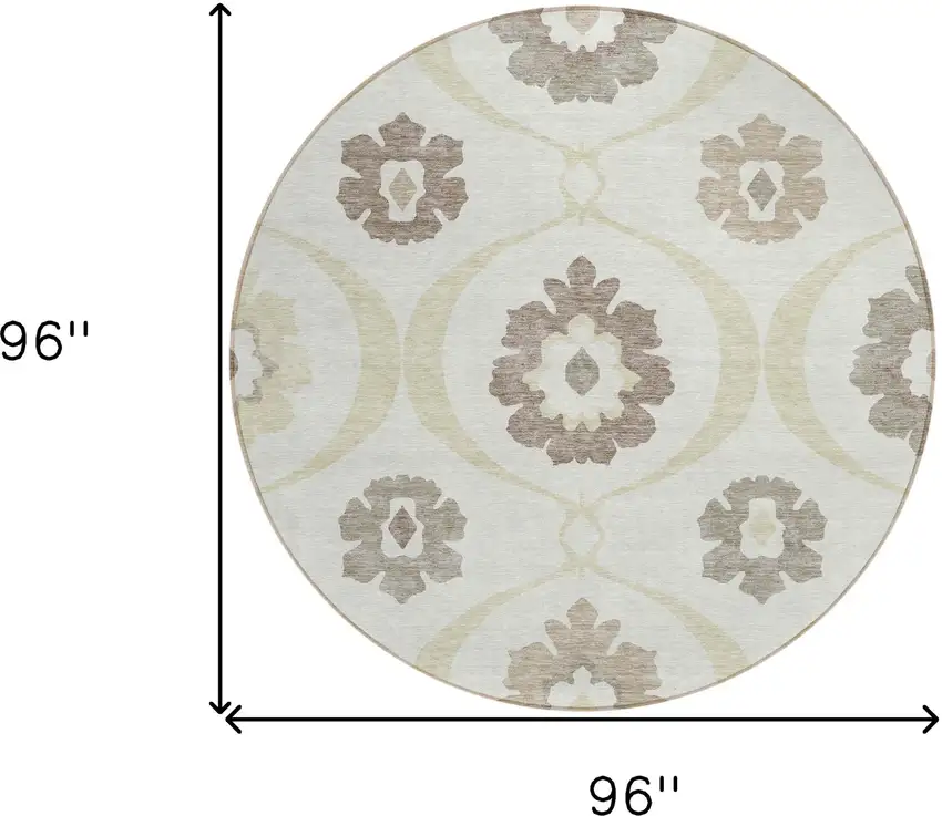 8' Ivory Taupe And Brown Round Medallion Washable Indoor Outdoor Area Rug Photo 3