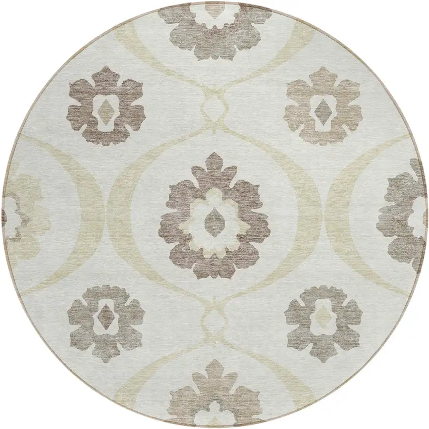 8' Ivory Taupe And Brown Round Medallion Washable Indoor Outdoor Area Rug Photo 2