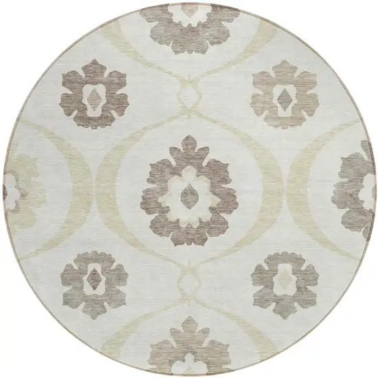 8' Ivory Taupe And Brown Round Medallion Washable Indoor Outdoor Area Rug Photo 2