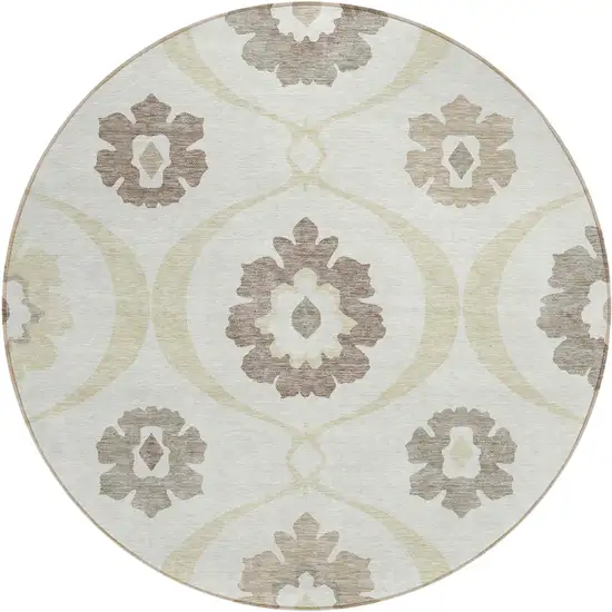 8' Ivory Taupe And Brown Round Medallion Washable Indoor Outdoor Area Rug Photo 2