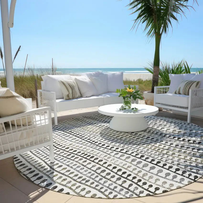 8' Ivory Taupe And Charcoal Round Striped Washable Indoor Outdoor Area Rug Photo 7
