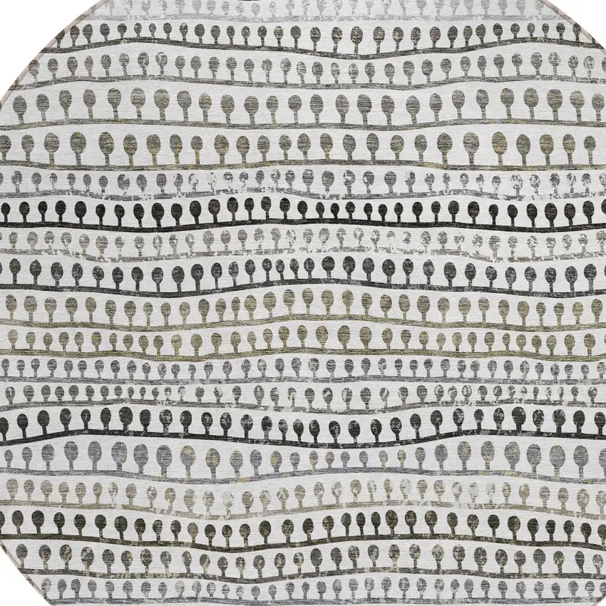 8' Ivory Taupe And Charcoal Round Striped Washable Indoor Outdoor Area Rug Photo 5