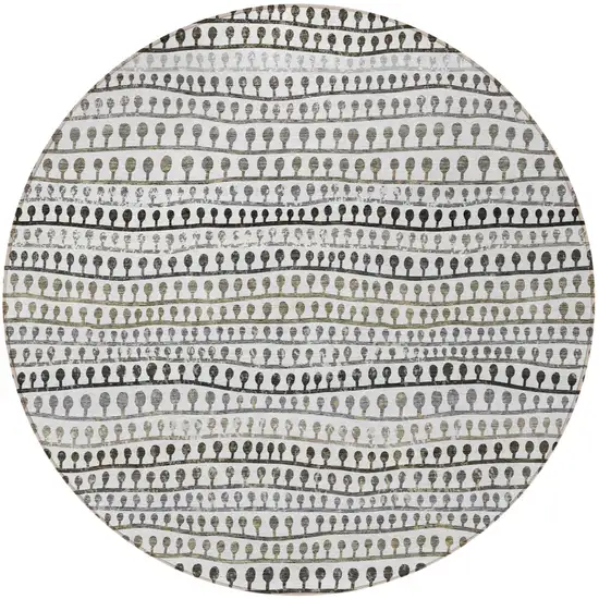 8' Ivory Taupe And Charcoal Round Striped Washable Indoor Outdoor Area Rug Photo 6