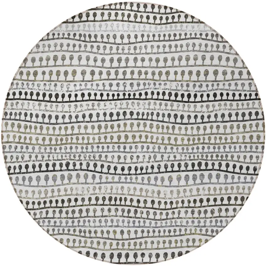8' Ivory Taupe And Charcoal Round Striped Washable Indoor Outdoor Area Rug Photo 6