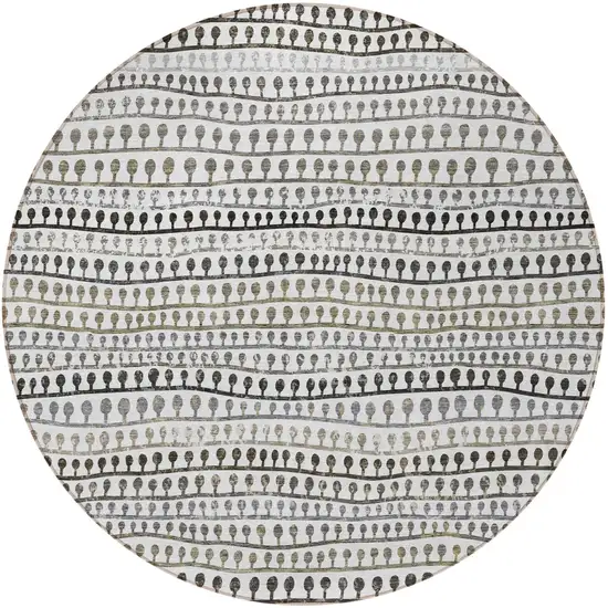 8' Ivory Taupe And Charcoal Round Striped Washable Indoor Outdoor Area Rug Photo 6