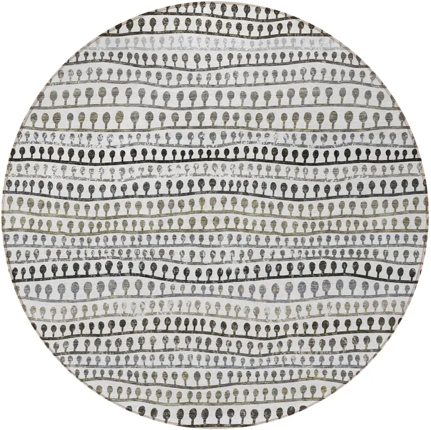 8' Ivory Taupe And Charcoal Round Striped Washable Indoor Outdoor Area Rug Photo 6