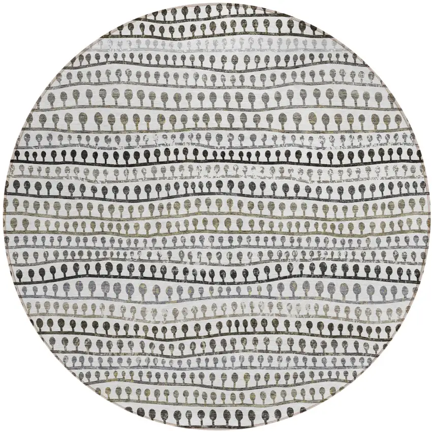 8' Ivory Taupe And Charcoal Round Striped Washable Indoor Outdoor Area Rug Photo 2