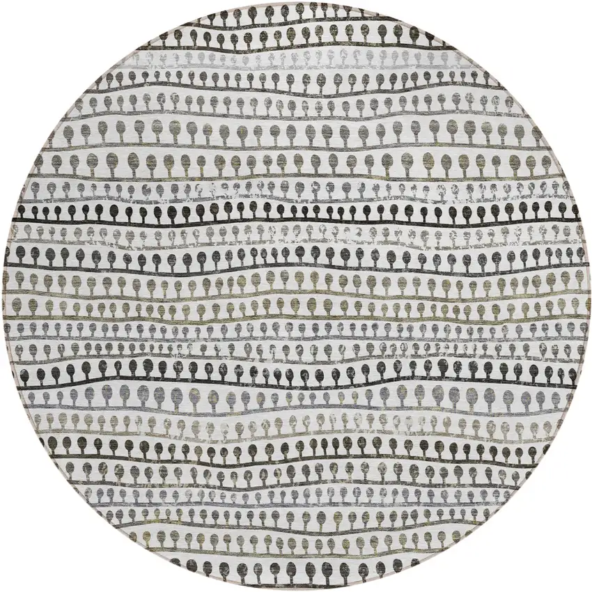 8' Ivory Taupe And Charcoal Round Striped Washable Indoor Outdoor Area Rug Photo 2