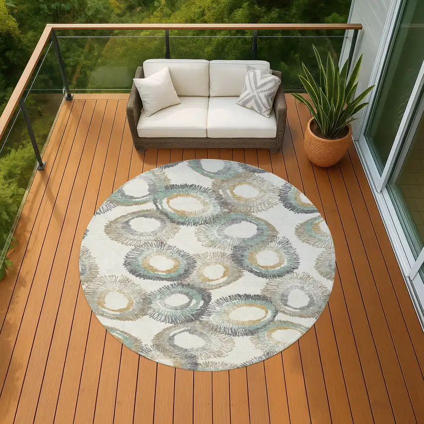 8' Ivory Taupe And Gold Round Geometric Washable Indoor Outdoor Area Rug Photo 9