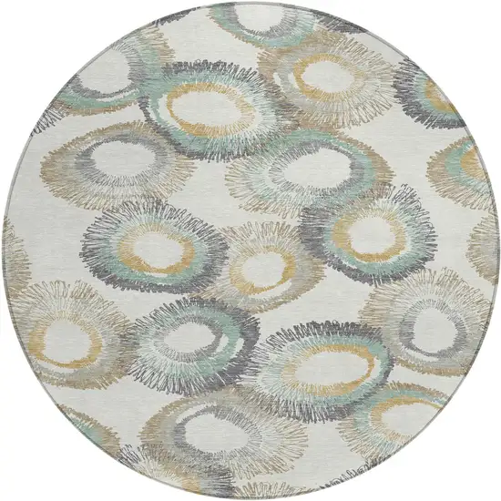 8' Ivory Taupe And Gold Round Geometric Washable Indoor Outdoor Area Rug Photo 2