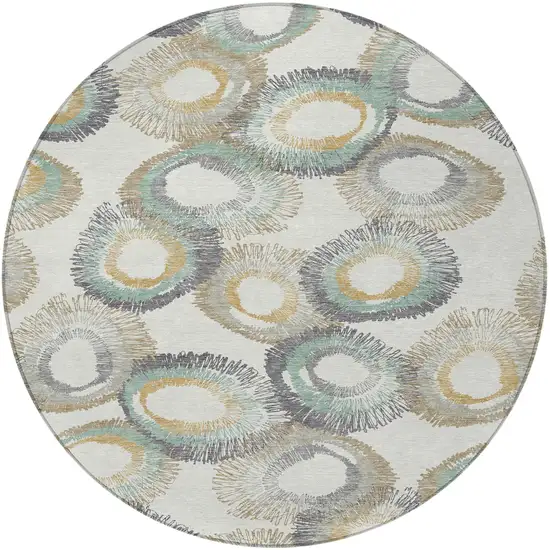 8' Ivory Taupe And Gold Round Geometric Washable Indoor Outdoor Area Rug Photo 5