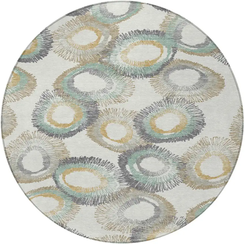 8' Ivory Taupe And Gold Round Geometric Washable Indoor Outdoor Area Rug Photo 5