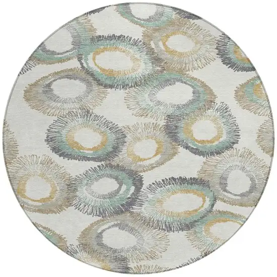8' Ivory Taupe And Gold Round Geometric Washable Indoor Outdoor Area Rug Photo 4
