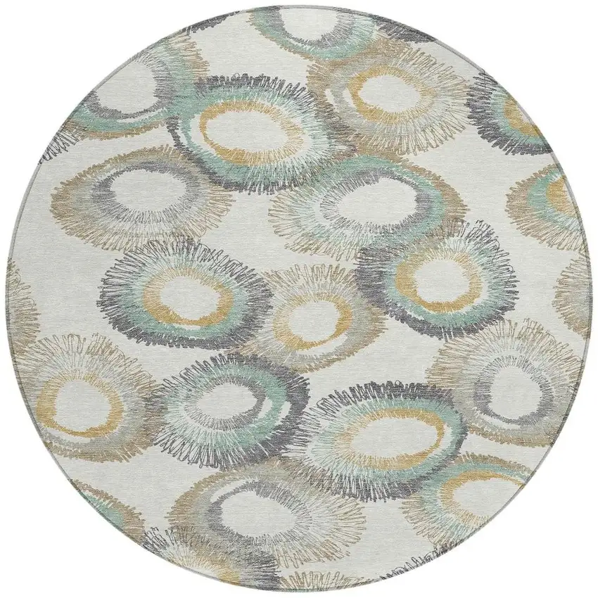 8' Ivory Taupe And Gold Round Geometric Washable Indoor Outdoor Area Rug Photo 4