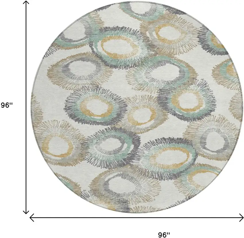 8' Ivory Taupe And Gold Round Geometric Washable Indoor Outdoor Area Rug Photo 3