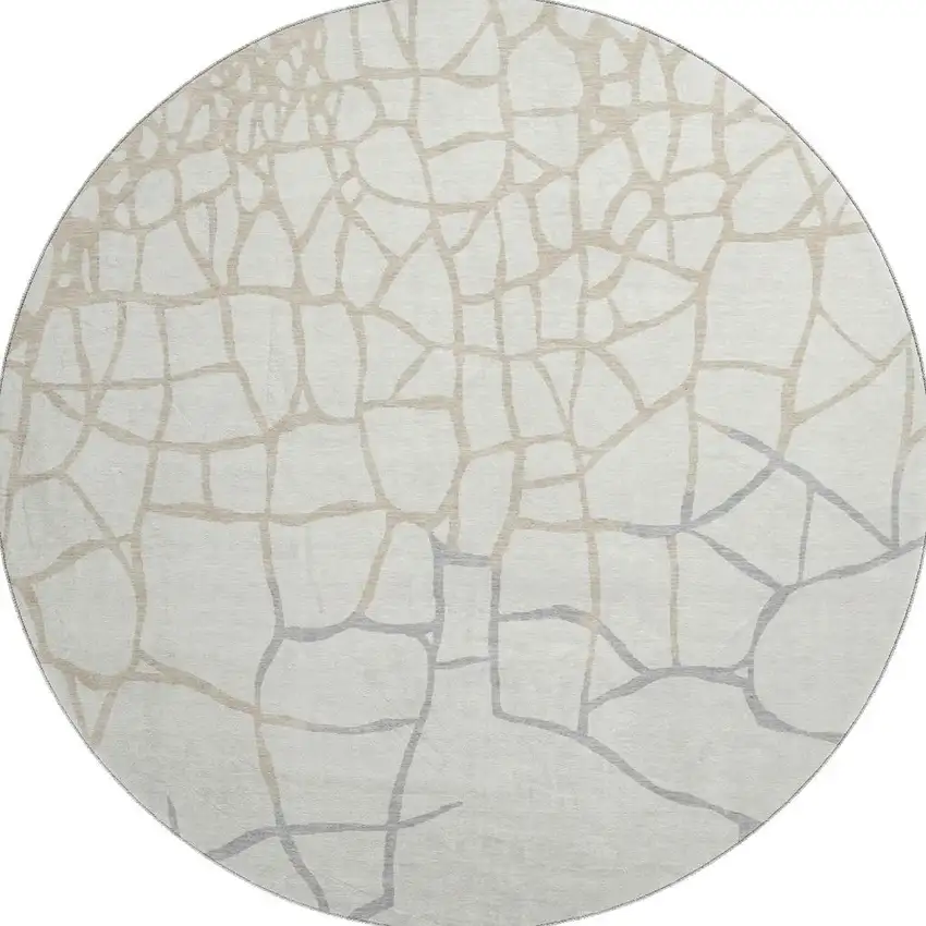 8' Ivory Taupe And Gray Abstract Geometric Washable Round Rug With UV Protection Photo 2