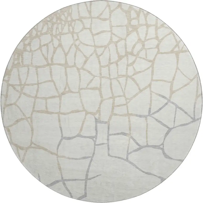 8' Ivory Taupe And Gray Abstract Geometric Washable Round Rug With UV Protection Photo 1