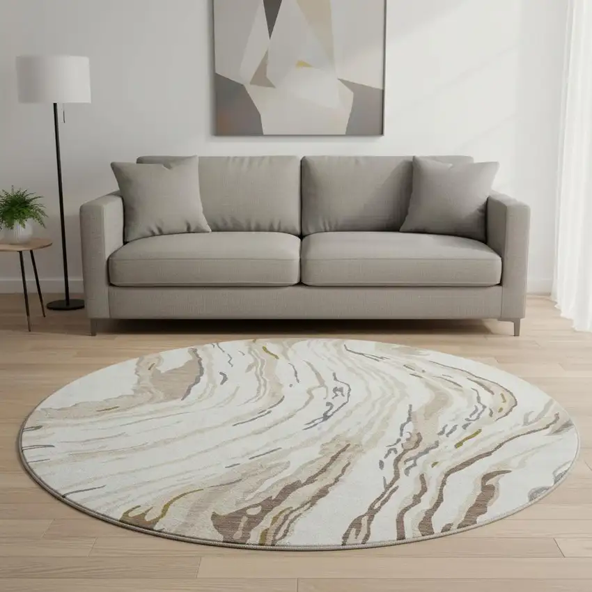 8' Ivory Taupe And Gray Abstract Washable Round Rug With UV Protection Photo 2