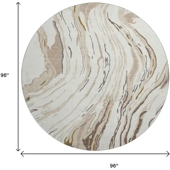 8' Ivory Taupe And Gray Abstract Washable Round Rug With UV Protection Photo 9