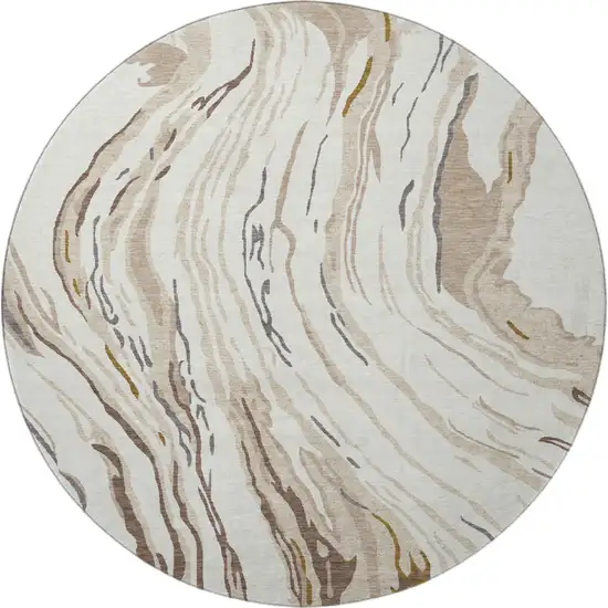 8' Ivory Taupe And Gray Abstract Washable Round Rug With UV Protection Photo 3