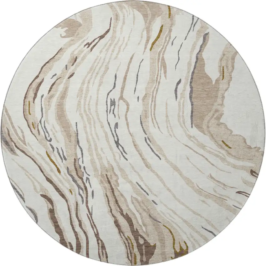 8' Ivory Taupe And Gray Abstract Washable Round Rug With UV Protection Photo 3