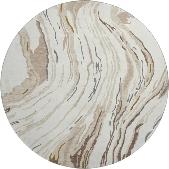 8' Ivory Taupe And Gray Abstract Washable Round Rug With UV Protection Photo 1