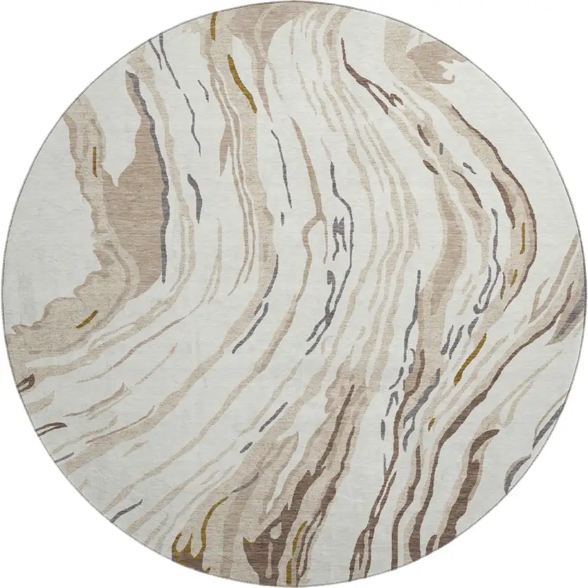 8' Ivory Taupe And Gray Abstract Washable Round Rug With UV Protection Photo 1