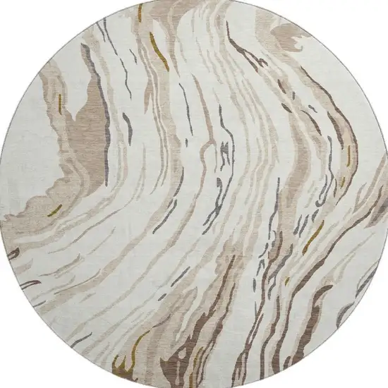 8' Ivory Taupe And Gray Abstract Washable Round Rug With UV Protection Photo 2