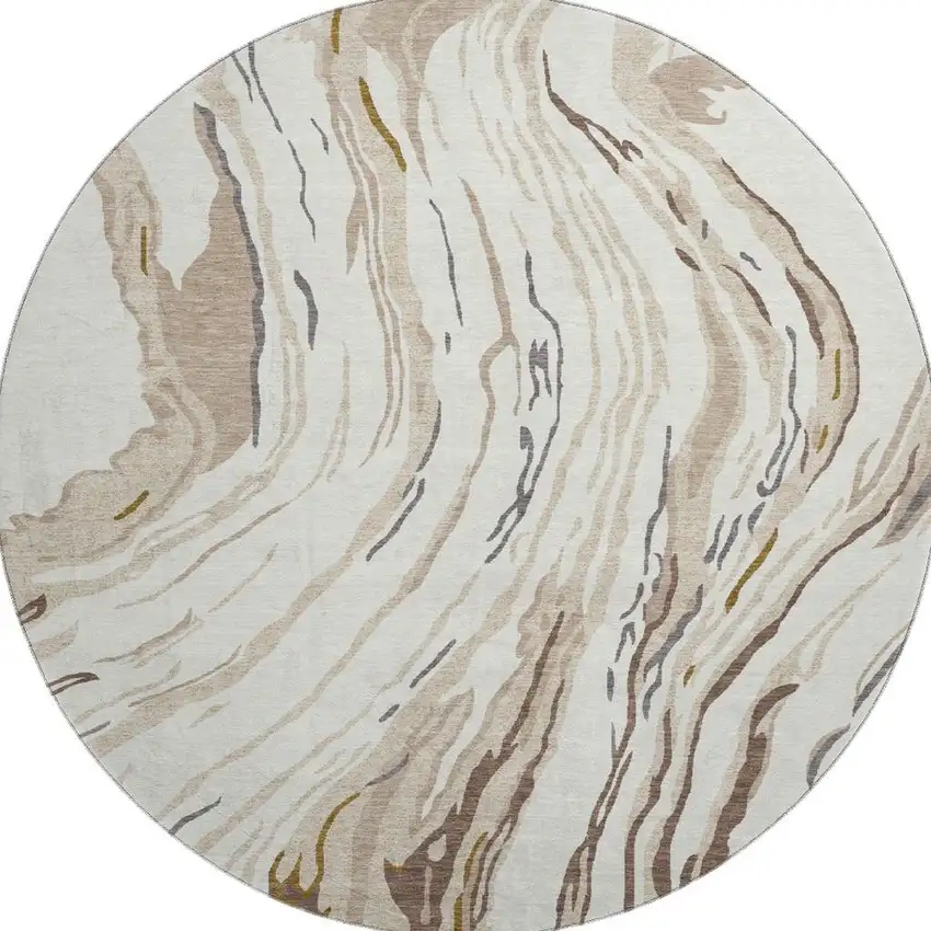 8' Ivory Taupe And Gray Abstract Washable Round Rug With UV Protection Photo 2