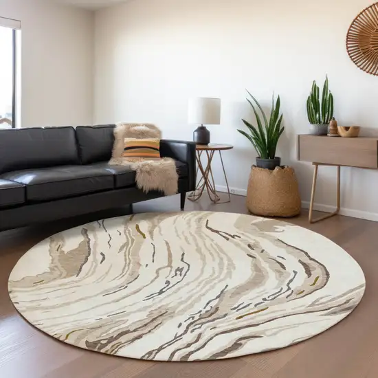 8' Ivory Taupe And Gray Abstract Washable Round Rug With UV Protection Photo 4