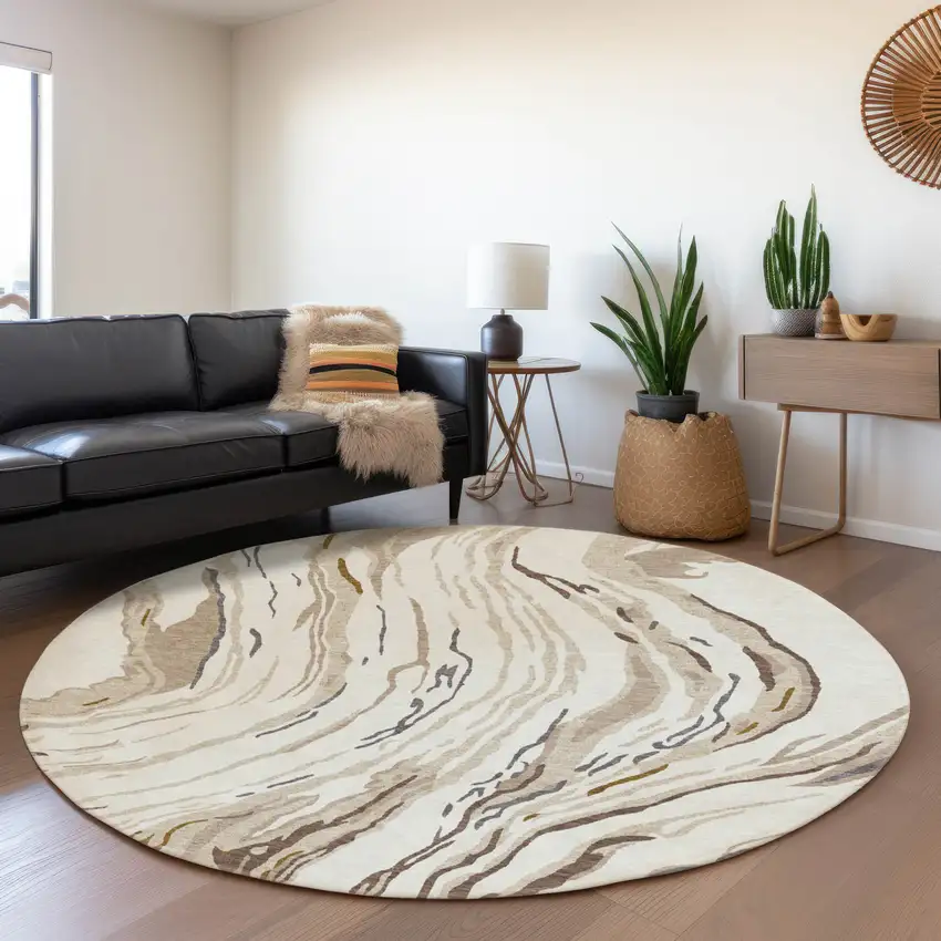 8' Ivory Taupe And Gray Abstract Washable Round Rug With UV Protection Photo 4