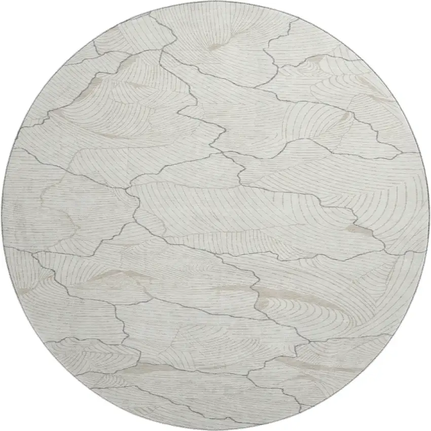8' Ivory Taupe And Gray Abstract Washable Round Rug With UV Protection Photo 1