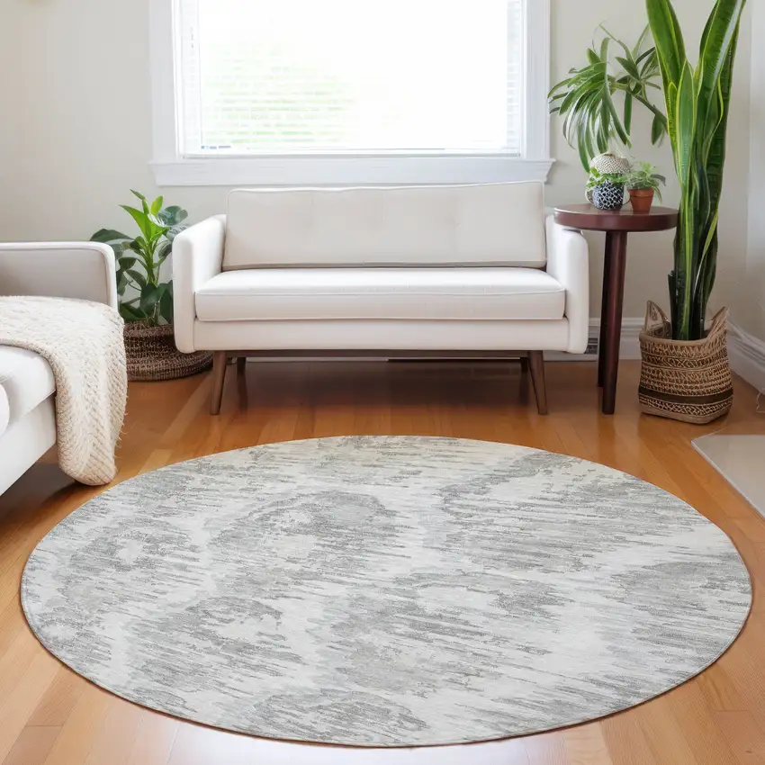 8' Ivory Taupe And Gray Diamond Washable Round Rug With UV Protection Photo 5