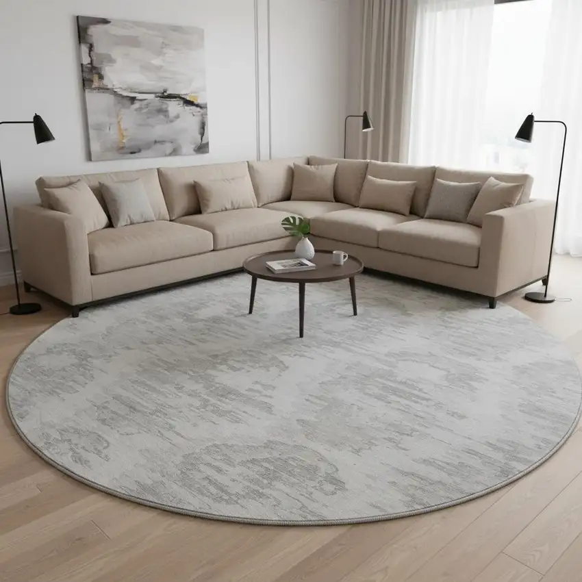 8' Ivory Taupe And Gray Diamond Washable Round Rug With UV Protection Photo 2