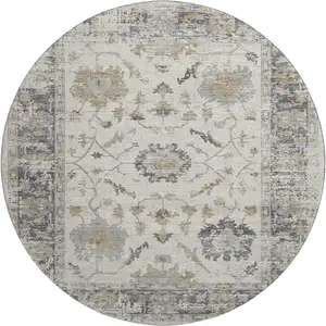 Photo of 8' Ivory Taupe And Gray Oriental Washable Round Rug With UV Protection