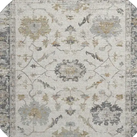 8' Ivory Taupe And Gray Oriental Washable Round Rug With UV Protection Photo 3