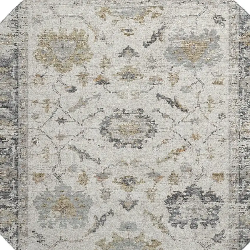 8' Ivory Taupe And Gray Oriental Washable Round Rug With UV Protection Photo 3