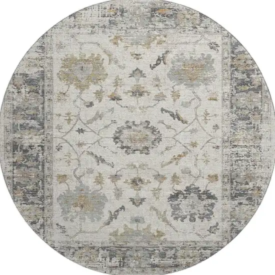 8' Ivory Taupe And Gray Oriental Washable Round Rug With UV Protection Photo 4