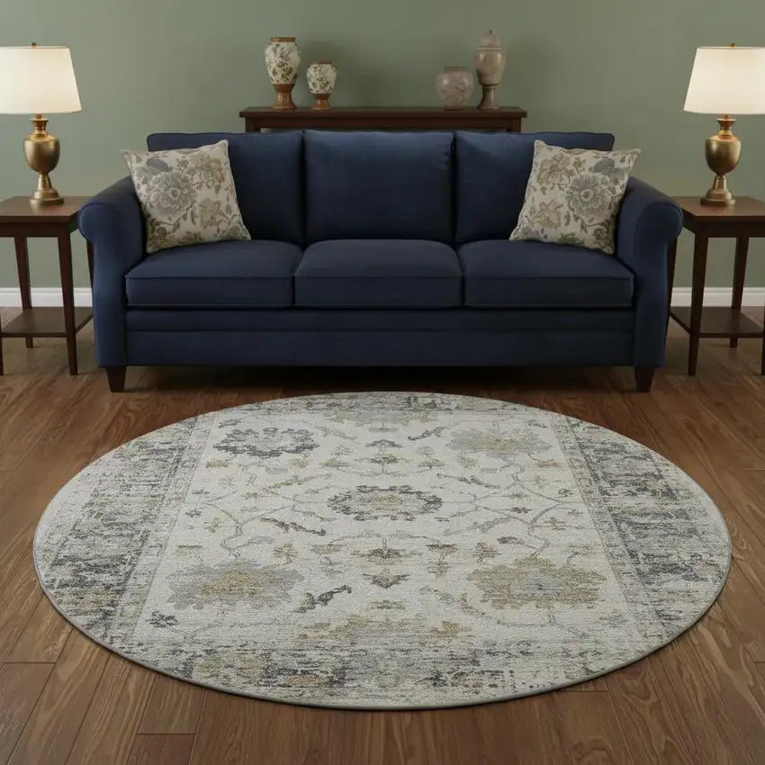 8' Ivory Taupe And Gray Oriental Washable Round Rug With UV Protection Photo 2