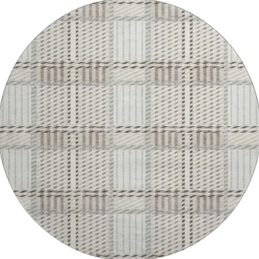 8' Ivory Taupe And Gray Plaid Washable Round Rug With UV Protection Photo 4